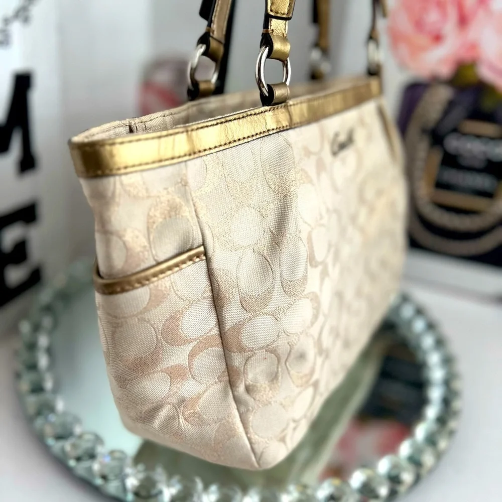 Coach gold Metallic canvas and leather tote bag